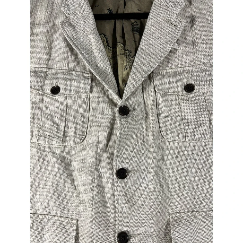 Banana Republic Mens Safari Jacket 44R Tan Herringbone Cotton Linen Map Lining